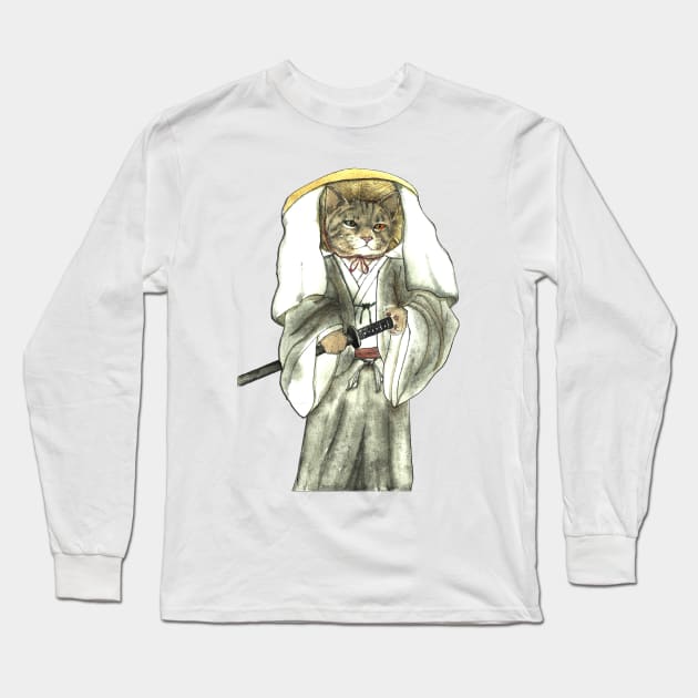 Samurai Cat with One Green Eye and One Yellow Eye Long Sleeve T-Shirt by FelisSimha